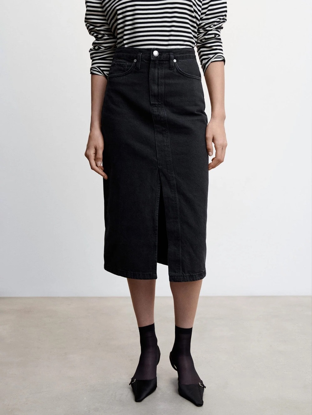 Mango Black Midi Denim Skirt with Front Vent